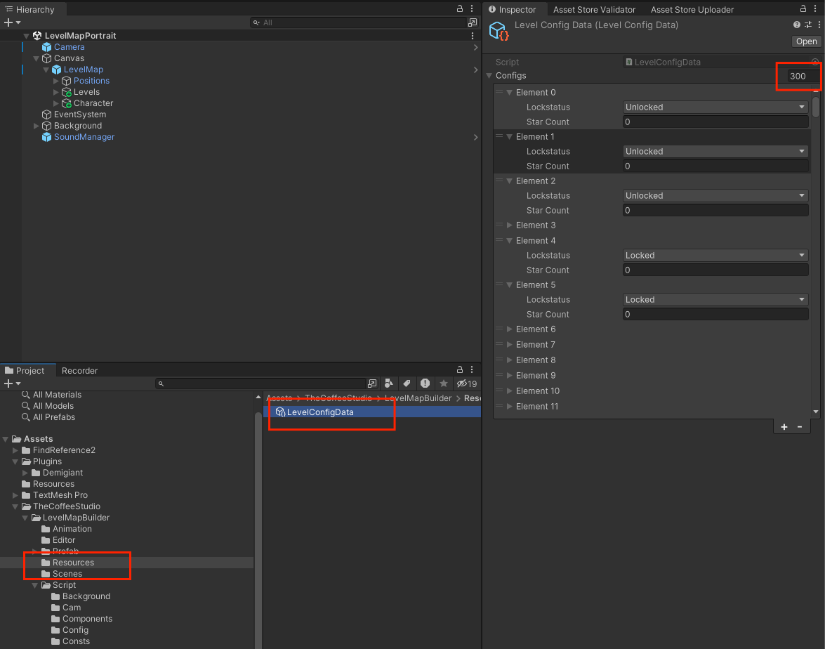 LevelConfigData inspector showing Configs list
