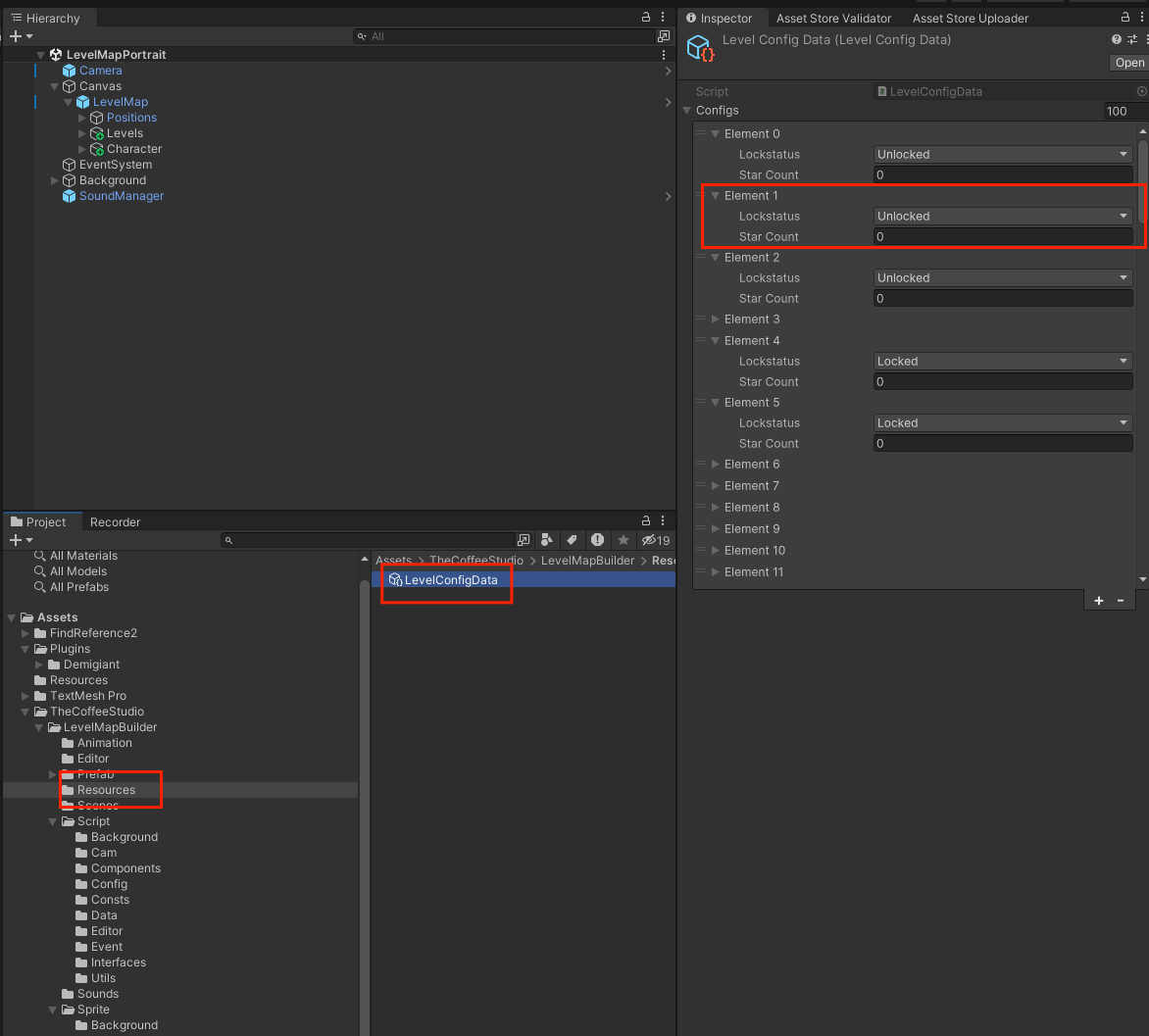 LevelConfigData inspector showing lock status and star count