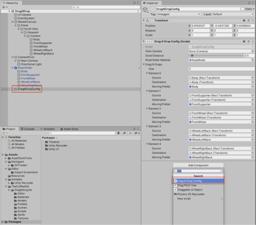 Unity Editor - DragNDropConfig setup in Hierarchy and Inspector
